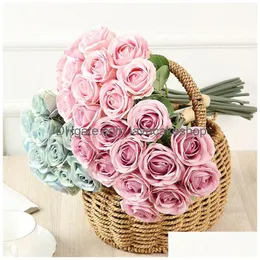 Dekorativa blommor kransar 12 huvud Artificial Rose 11 färger Simation Flower Party Decoration Fake Valentines Day Gift T9I00990 Drop D DHHBU