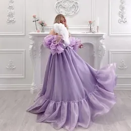 Vestidos casuais bonito lavanda malha vestidos de baile bonito mangas puff babados em camadas uma linha mulheres vestido de verão até o chão tule pageant festa