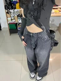 QWEEK винтажные черные мешковатые джинсы женские корейские уличные брюки оверсайз Harajuku с высокой талией гранж Y2K джинсовые широкие брюки 240313