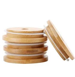Tampas de tampa de bambu 70mm 88mm tampas reutilizáveis de frasco de pedreiro de bambu com furo de palha e vedação de silicone3576046