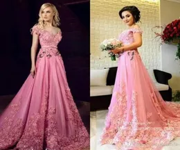 Tony Chaaya blygsamma aftonklänningar 3d blommig applikation av axel Dubai Arabiska kaftan fulllängd prinsessa rosa skräddarsydd prom 6200929