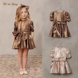 Bebê menina princesa vestido vintage ouro rosa infantil criança criança arco vestido traje festa de aniversário vestido de baile roupas 110y 240318