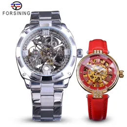 ForSining Par Watch Set Combination Men Silver Automatic Watches Steel Lady Red Skeleton Leather Mechanical Wristwatch Gift266V