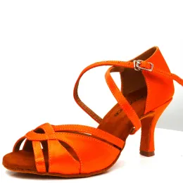 Stövlar evkoodance klassiska skor latin dansskor satin orange 7cm häl ballroom fest dansskor för kvinnor