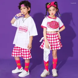 Conjuntos de roupas meninas hip hop rosa colheita topo rosa xadrez saias meninos camiseta rua dança shorts criança doce verão roupas crianças jazz traje