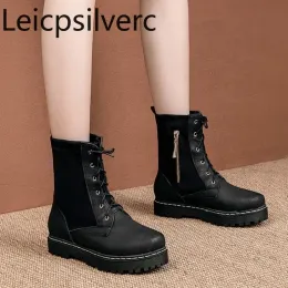 Boots Women's Boots Autumn and Winter The New Round Head Laceup Color Match Lowheeled Tube Tube Women's Shoes بالإضافة إلى حجم 3052