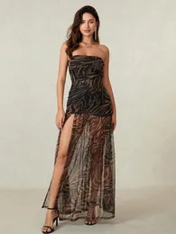 Vestidos casuais mulheres tubo top vestido magro strapless backless malha retalhos tropical leopardo impressão alta fenda longa para festa clube noite