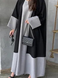 Etniska kläder eid muslimsk klänning för kvinnor parti abaya 2 stycke set bomull lien morocko ramadan snörning kaftan islam dubai arab långa mantel