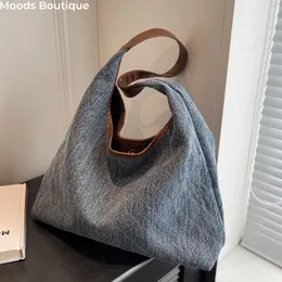 Casual Hobo Tragetaschen Für Frauen 2023 Sommer Marke Schulter Tasche Denim Stoff Stickerei Gewinde Große Kapazität Shopper Handtasche 240305