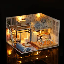 Fai da te in miniatura Loft Dollhouse Kit LED Mini 3D in legno Decorazione della casa Accessori Camera fatta a mano Giocattolo San Valentino Regalo di Natale 240314