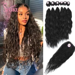 Weave Natural Wave Synthetic Hair Weaving Bundles with 4x4 Closure Middle Part Lace Frontal Wig Unprocessed Material Soku Hair Weave