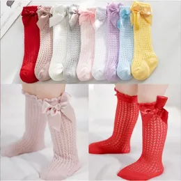 INS Baby Socks Infant Girl Knee High Socks Knit Tube Ruffled Hollow Out Long Stockings with Bow School Uniform Leggings Kids Clothing 9 Colors