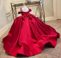 Kız Elbiseler Kırmızı Satin Prenses Elbise Yürümeye Başlayan Toddler 1 Yıllık Doğum Giyim Noel Partisi Çiçek 9m-14y