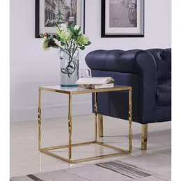 Iconic Home Rialto Side Table Nightstand Finished Solid Metal Cube Frame Marble Look Top Modern Contemporary Gold