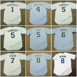 Maglia da uomo Milwaukee degli anni '75 e '91 GARY SHEFFIELD PAUL MOLITOR BJ SURHOFF GEORGE SCOTT NED YOST SAL BANDO DALE SVEUM DON MONEY RYAN BRAUN Maglia da baseball ritorno al passato S-5XL