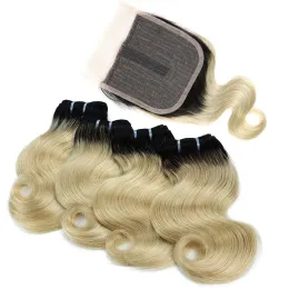 Weveves BHF Body Wave wiązki z zamknięciem 100% naturalne Remy Brazylijskie 50 g blond ombre ludzkie włosy 4 wiązki z zamknięciem