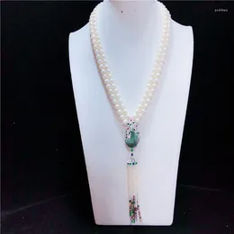 Chains Hand Knotted Natural 2 Rows 8-9mm White Freshwater Pearl Color Peacock Micro Inlay Zircon Accessoriese Clasp Sweater Necklace