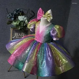 Mädchen Kleider 2024 Kinder Kleidung Baby Puffy Gaze Geburtstag Colorfu Prinzessin Gericht Kleid Für Kinder Pailletten Kurzarm Ballkleid