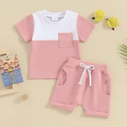 Zestawy odzieży 0-36 miesiąc Baby Girls Contrast Zestaw kolorów krótkich rękawy Elastyczne talia złożone szorty Toddler 2-częściowe stroje