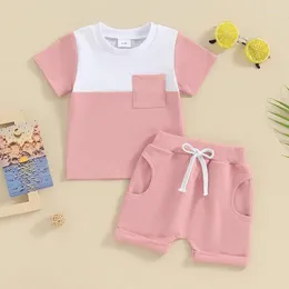 Kläderuppsättningar 0-36 Månters babyflickor Kontrast Färguppsättning Kort ärm toppar Elastiska midja vikta fällhorts Toddler 2 Piece Outfits