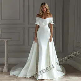 Viktoria Classic Satin Wedding Dress for Woman Bride Löstagbart tåg från Shoulder Mermaid Vestidos de Novia Drop 240320