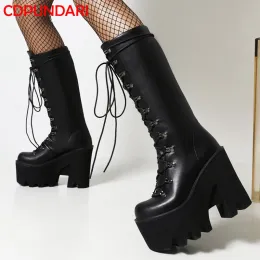 Stivali Black Super High Heels Platform Boots Women Autumn Inverno Rivet Punk Goth Demonia Long Boots Scarpe Bottoni