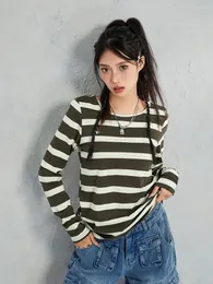 Kvinnors T-skjortor Kvinnor Crew Neck Long Sleeve Stripes tryck Top Basic T-Shirt Tunic Eesthetic Blouse