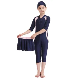 Swimwear 312 Years Summer Muslim Girls Colormatching Half Sleeves Zipper Jumpsuits Swimming Clothes Arab Kids 3 PCS Swimsuits