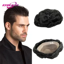 Toupees الذكور شعر الإنسان الاصطناعي غرامة Mono NPU Men Toupee شعر حقيقي مستقيم الموجة الطبيعية