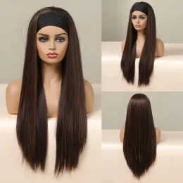 Wigs HENRY MARGU Long Straight Headband Wig Synthetic Hair Brown Gloden Highlight Glueless Wigs for Black Women Machine Made Cosplay