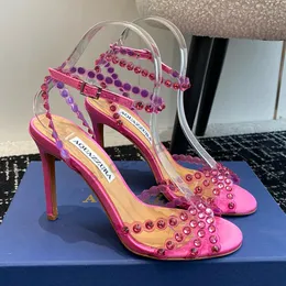 Aquazzura Rhinestone Stiletto Heel Sandals Clear PVC High Heels Crystal Open Open Open High Cheels Womens Luxury Designer Style Shoes 105mm مع Box