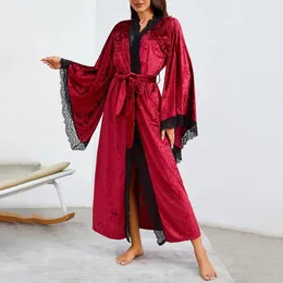 Men's Sleepwear Ladies Bathrobe Breathable Solid Color Lace Trimmed Bathrobes Splicing Home Clothes Robe Coat With Belt For Woman