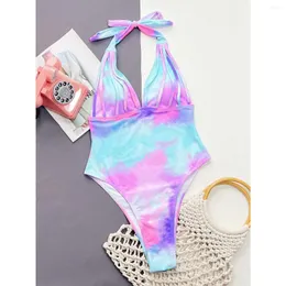 Kvinnors badkläder blå lila slips färgad baddräkt för kvinnor 2024 One Piece Fluorescen Starry Sky Color Sexy V-hals Monokini