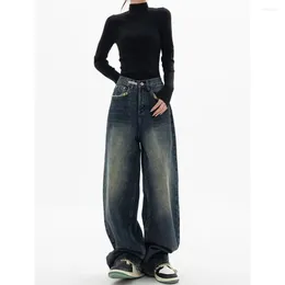 Zamknięcie dżinsów dżinsowych Zwykłe Spodnie Casual Casual Spodnie Vintage wysokiej talii dżins z szeroką nogą z głębokimi kieszeniem na krocze do biodra