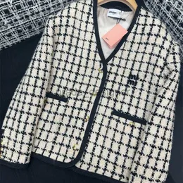 디자이너 여성 재킷 24SS 초반 봄 새 미우이 시대 축축 수천 마리의 조류 체크 무늬 v 넥 상자 편지 모직 코트