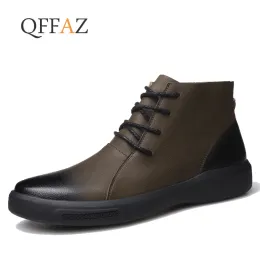 أحذية Qffaz Chelsea Boots Men Winter Winter Shoes أحذية جلدية حذاء كاظر رعاة البقر مقاوم للماء Shose Man دراجة نارية غير رسمية للأحذية للرجال