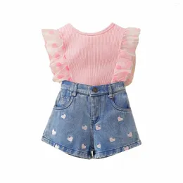 Set di abbigliamento Vestito estivo per bambina per bambini Ragazza in stile straniero Top in pizzo a rete ricamato Denim Baby Boy Autunno vestiti 36 mesi