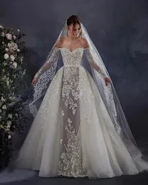 Neuestes Hochzeitskleid Meerjungfrau für die Braut 2in 1 mit langen Ärmeln herzförmiger Ausschnitt nach Maß Plus Größen Vestidos De Novias