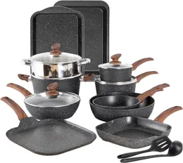 17 bit köksredskap set nonstick kök matlagning krukor svarta granitkrukor och kokkärl