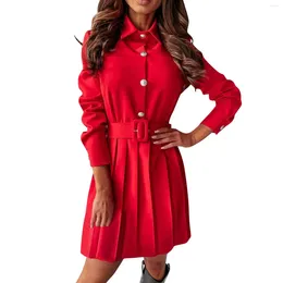 Casual Kleider Frühling Belted Button Party Kleid Elegante Drehen-unten Kragen Büro Dame Blazer Frauen Langarm Plissee Mini Robe