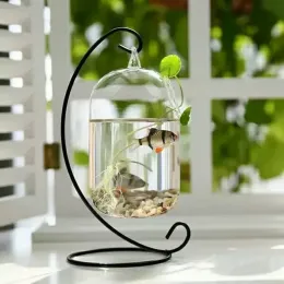 Tanks Clear Round Shape Hanging Glass Aquarium Fish Bowl Fish Tank Flower Plant Vase Home Decoration Rack Holder