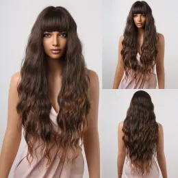 Wigs ALAN EATON Long Water Wave Brown Synthetic Wigs with Bangs for Black Women Ombre Hair Natural Cosplay Lolita Wig Heat Resistant