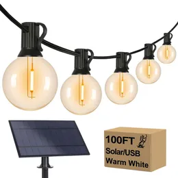 Corda externa globo G40 de 100 pés com 52 lâmpadas LED à prova d'água E12, luzes de pátio inquebráveis de 2700K, luzes suspensas movidas a energia solar para pérgula de quintal de jardim de varanda