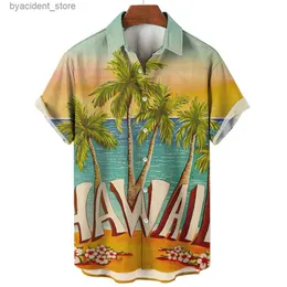 Men's Casual Shirts New Hawaiian Mens Shirt Beach Coconut Tree Print Shirt For Men Lopel Neck Button Short Sleeve Top Fashion Male Clothes Blouse L240320