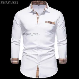 Mens Casual Shirts Parklees 2022 Autumn Plaid Patchwork Formal For Men Slim Long Sleeve White Button Up Shirt Dress Business Office Camisas
