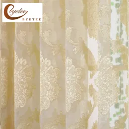 Cortinas {Byetee} Cortina amarela para sala de estar Jacquared Sheer Tulle para porta de cozinha Organza Cortinas de quarto Voile