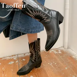 부츠 Taoffen New Women Western Boots Square Heel 뾰족한 발가락 슬립 폰 레이디 발목 부츠 여성 Fahison Winter Shoes 신발 크기 3441