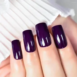 Unhas falsas cor sólida roxo escuro imprensa em pontas de unhas tamanho médio unhas quadradas reutilizáveis manicure em casa para cada evento