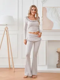 Женские брюки из двух предметов, женские комплекты из 2 комплектов одежды, однотонные футболки с круглым вырезом и длинными рукавами, оборки, осенний комплект для отдыха
