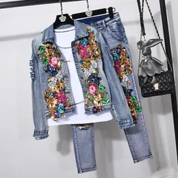 유럽 ​​스타일 데님 슈트 패션 복장 여성 꽃 스팽글 재킷 짧은 청바지 바지 트위 피스 세트 여성 240321